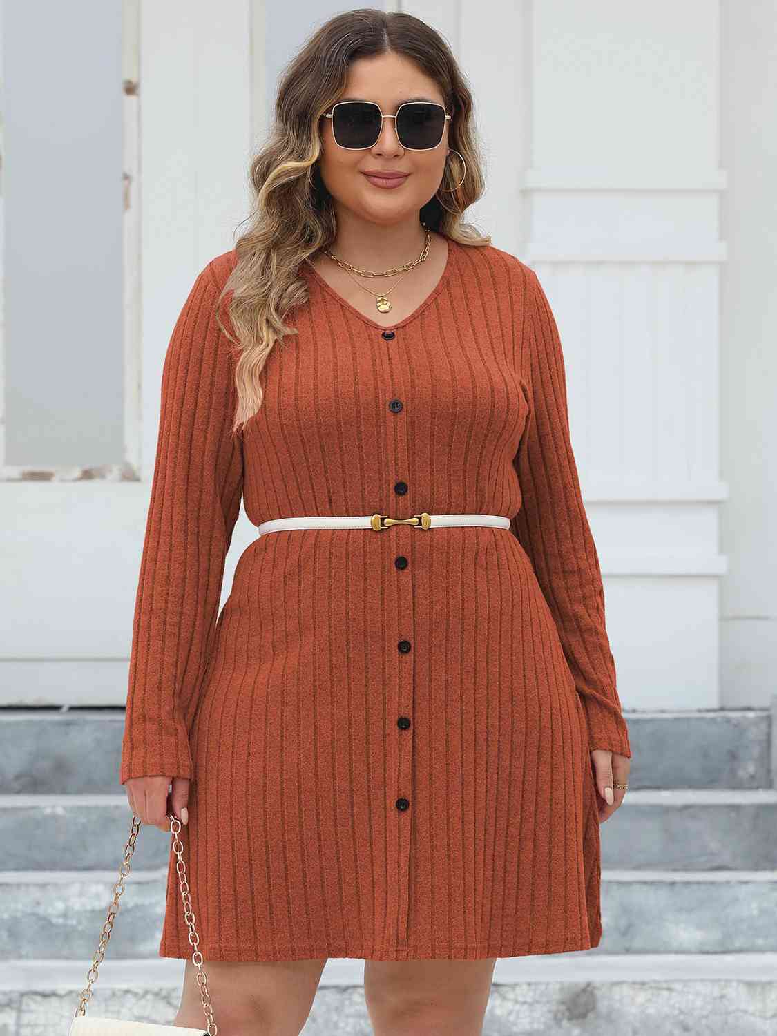 Ribbed Buttoned V - Neck Long Sleeve Dress - Rochelle's House LLC