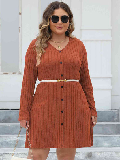 Ribbed Buttoned V - Neck Long Sleeve Dress - Rochelle's House LLC