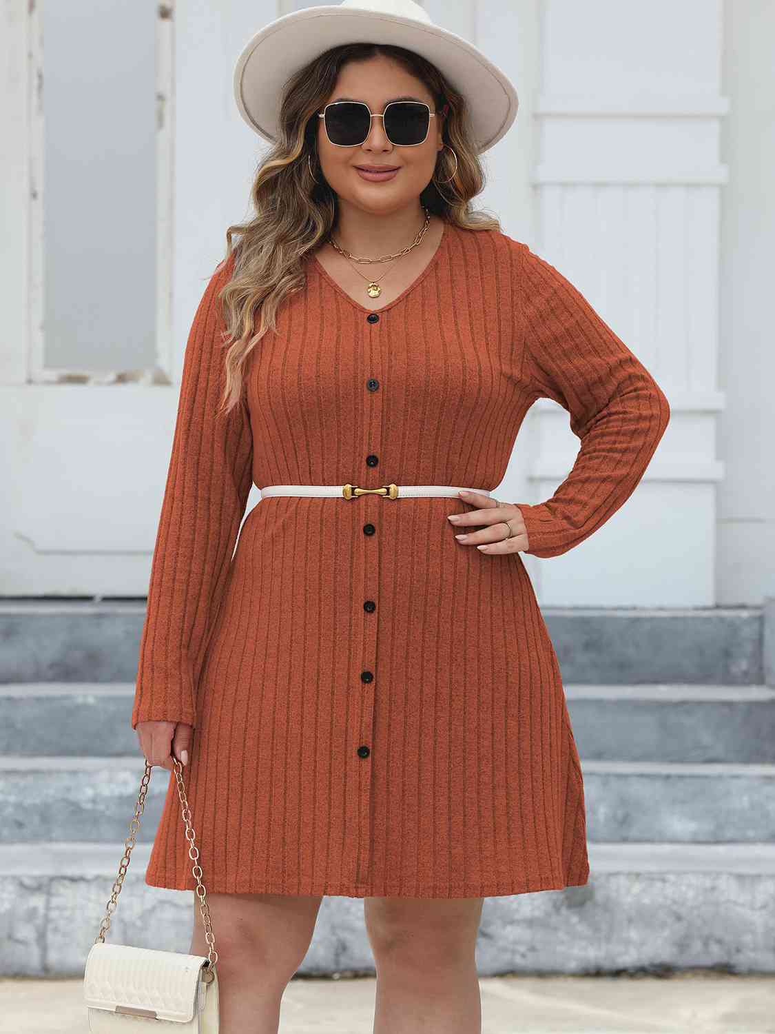 Ribbed Buttoned V - Neck Long Sleeve Dress - Rochelle's House LLC