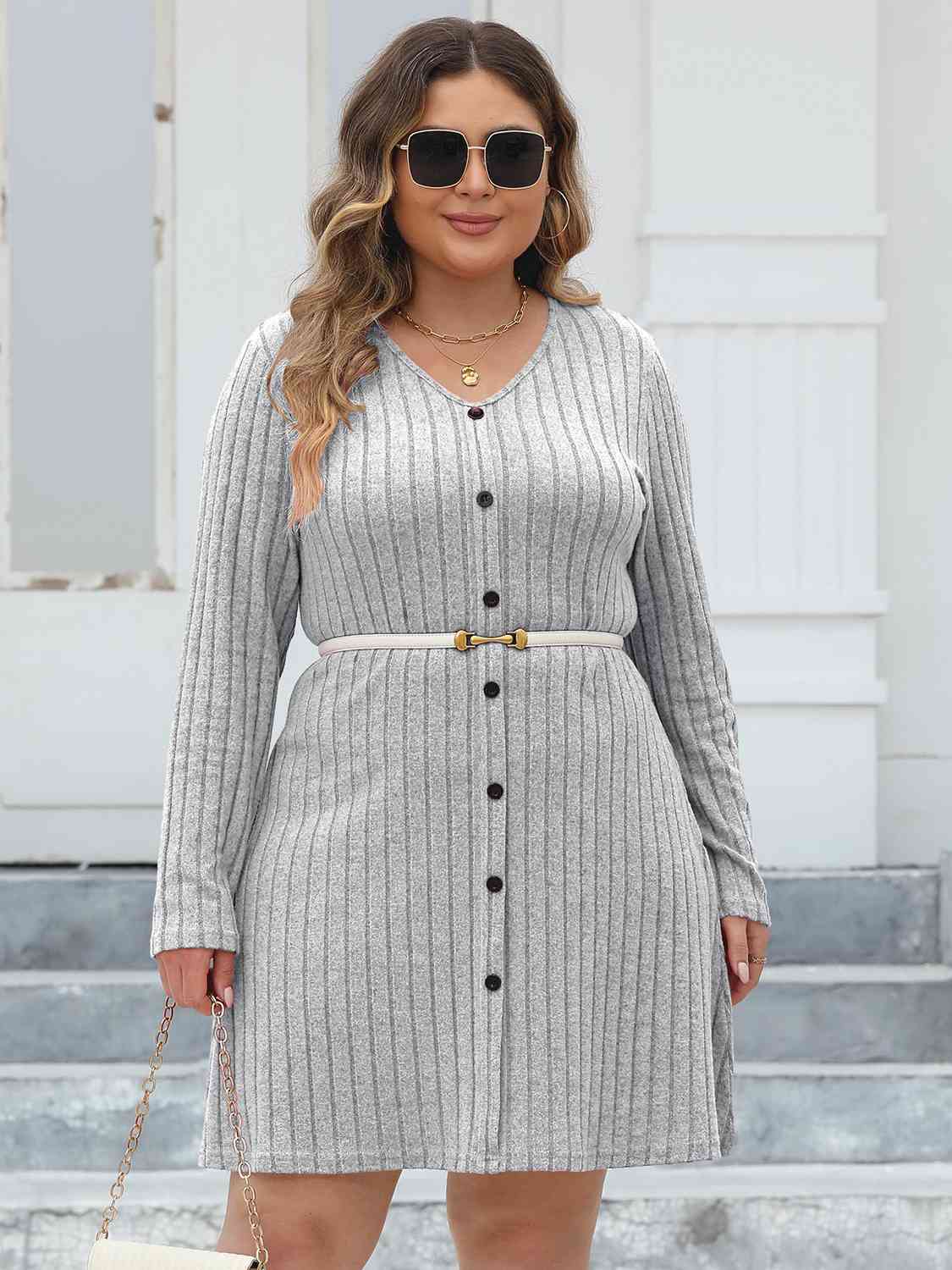 Ribbed Buttoned V - Neck Long Sleeve Dress - Rochelle's House LLC