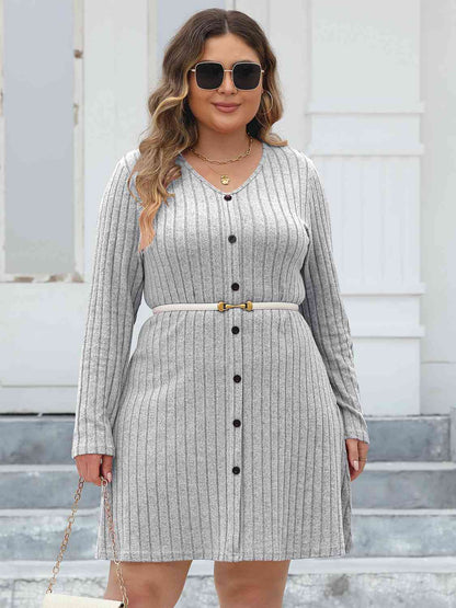 Ribbed Buttoned V - Neck Long Sleeve Dress - Rochelle's House LLC