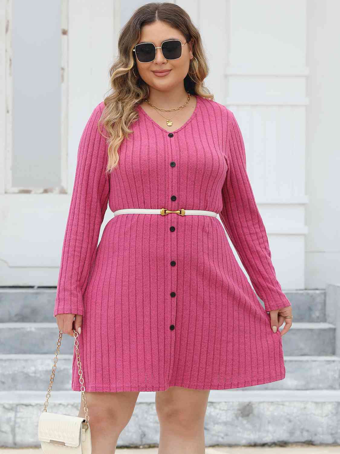 Ribbed Buttoned V - Neck Long Sleeve Dress - Rochelle's House LLC