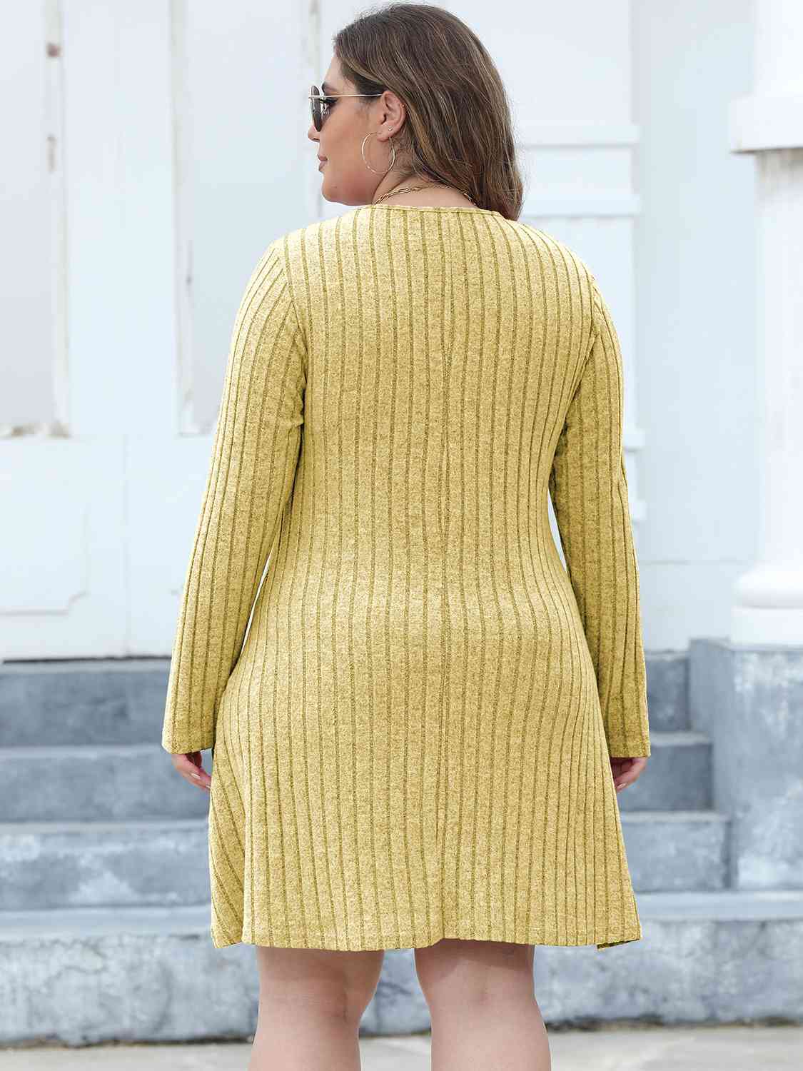 Ribbed Buttoned V - Neck Long Sleeve Dress - Rochelle's House LLC