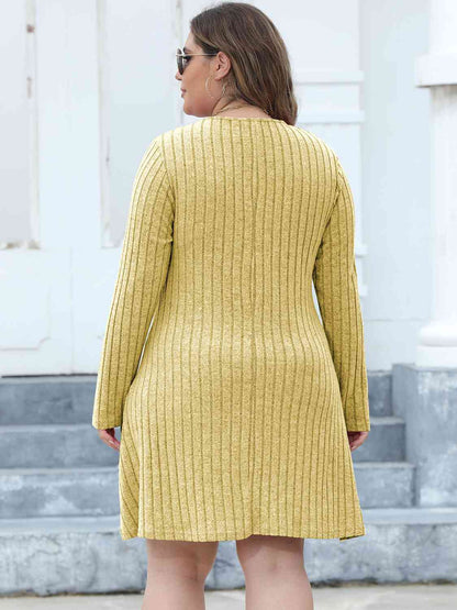 Ribbed Buttoned V - Neck Long Sleeve Dress - Rochelle's House LLC