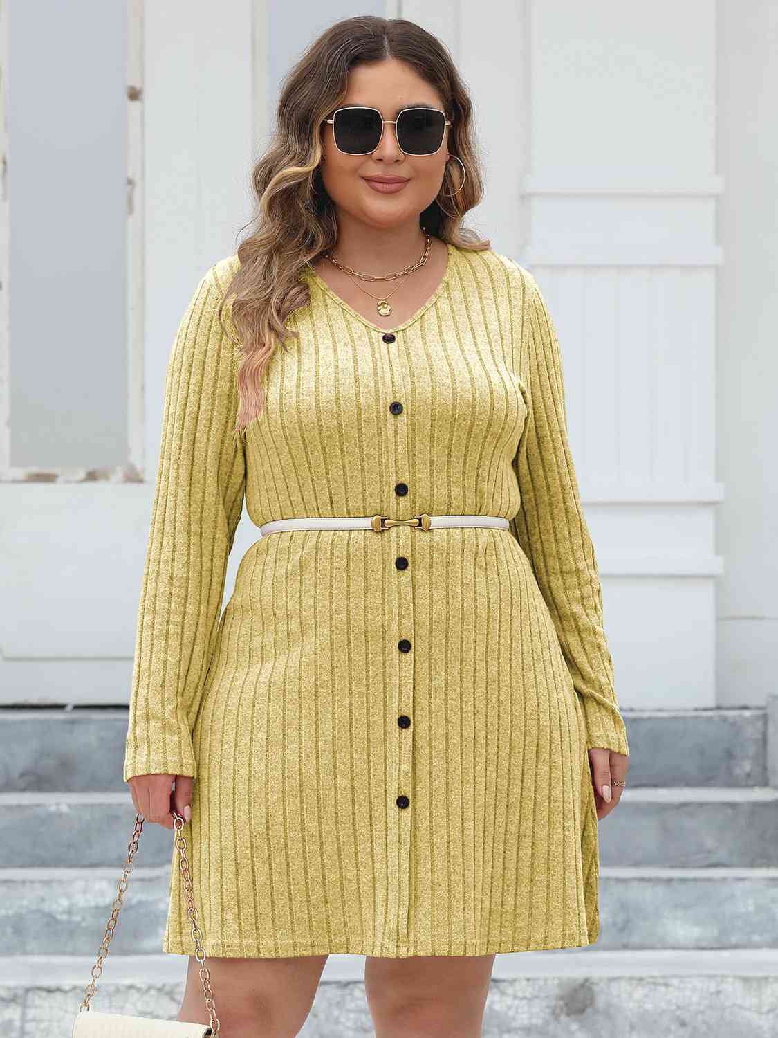 Ribbed Buttoned V - Neck Long Sleeve Dress - Rochelle's House LLC