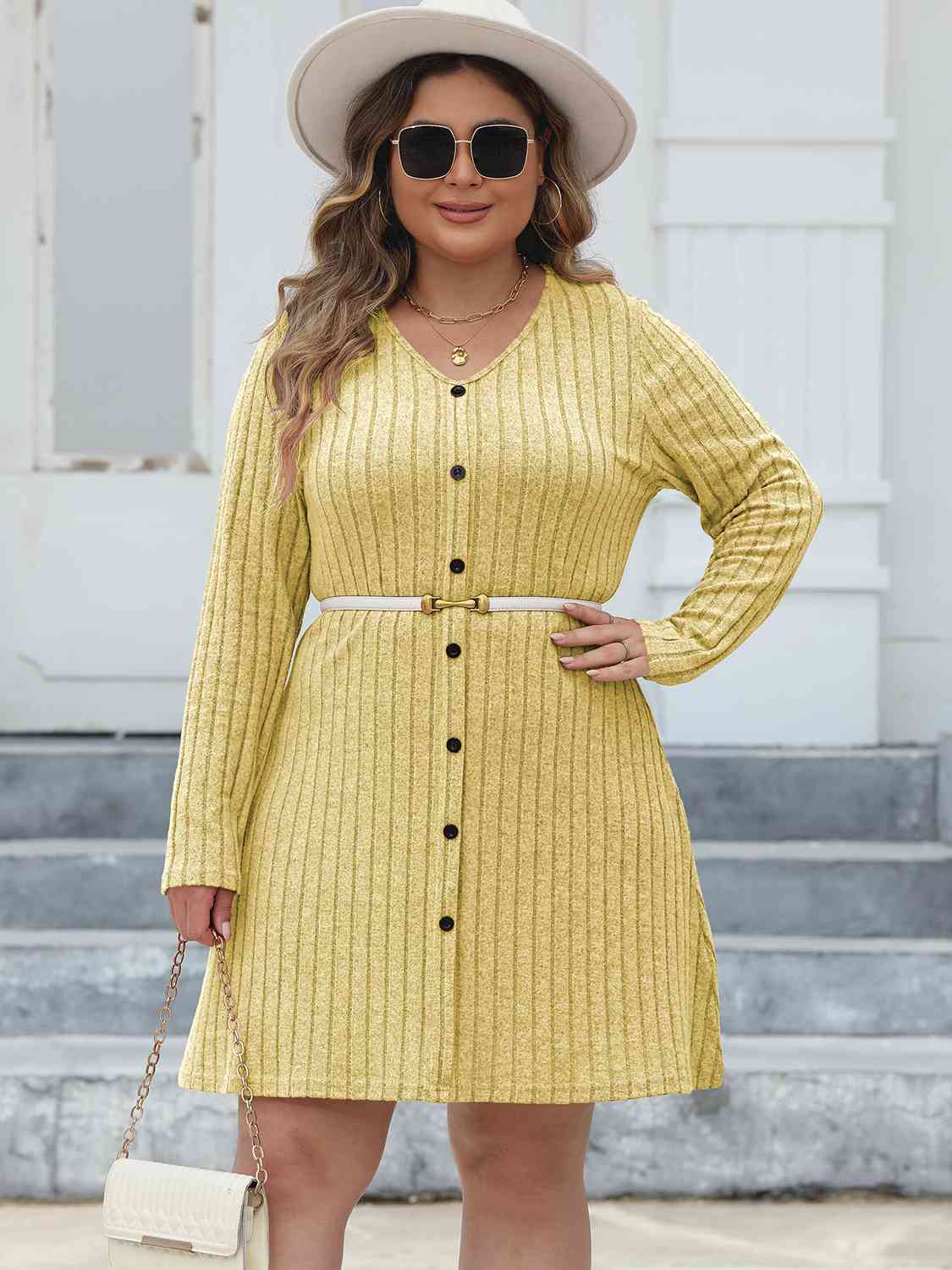 Ribbed Buttoned V - Neck Long Sleeve Dress - Rochelle's House LLC