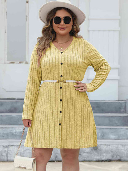 Ribbed Buttoned V - Neck Long Sleeve Dress - Rochelle's House LLC