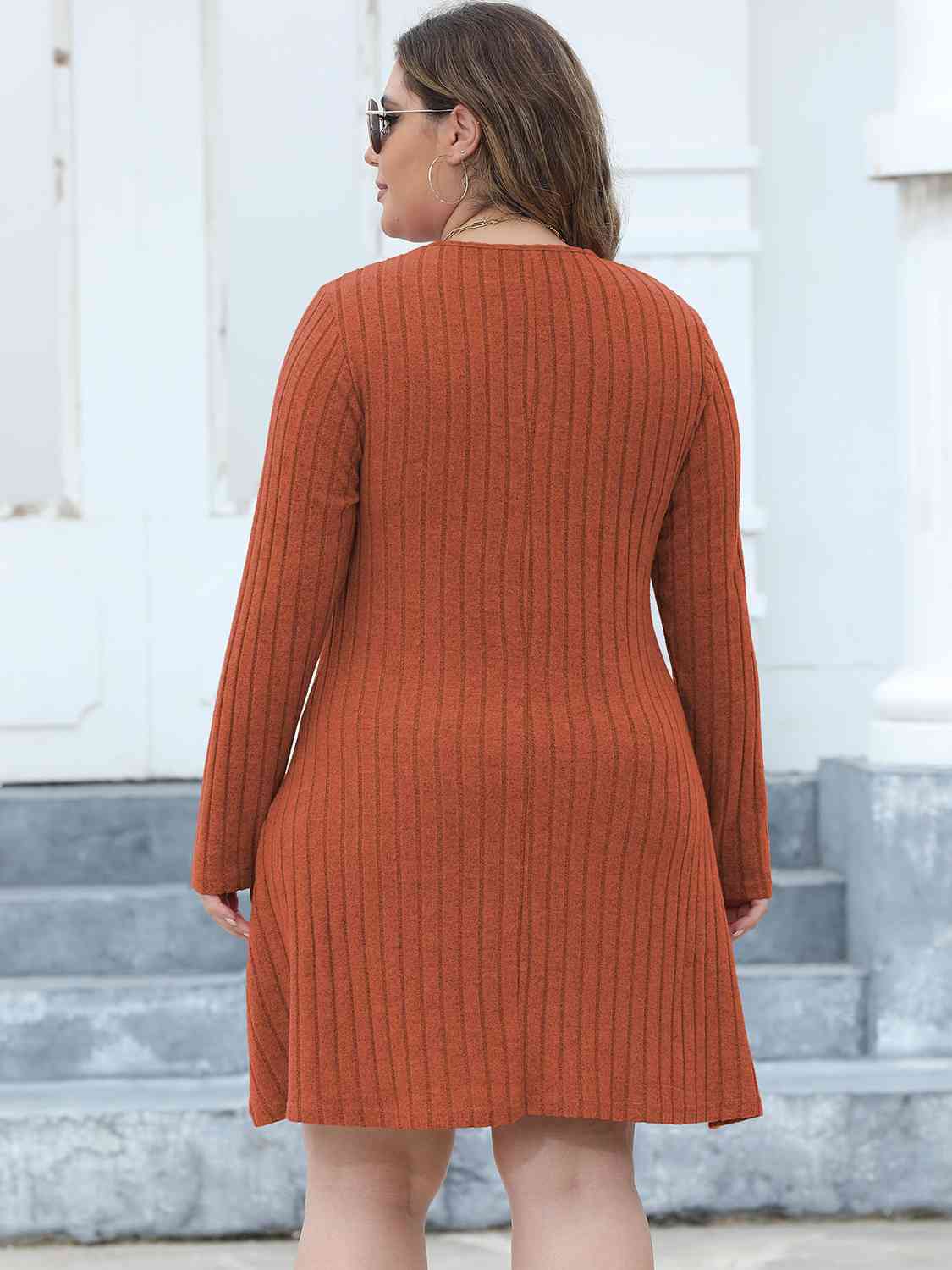 Ribbed Buttoned V - Neck Long Sleeve Dress - Rochelle's House LLC