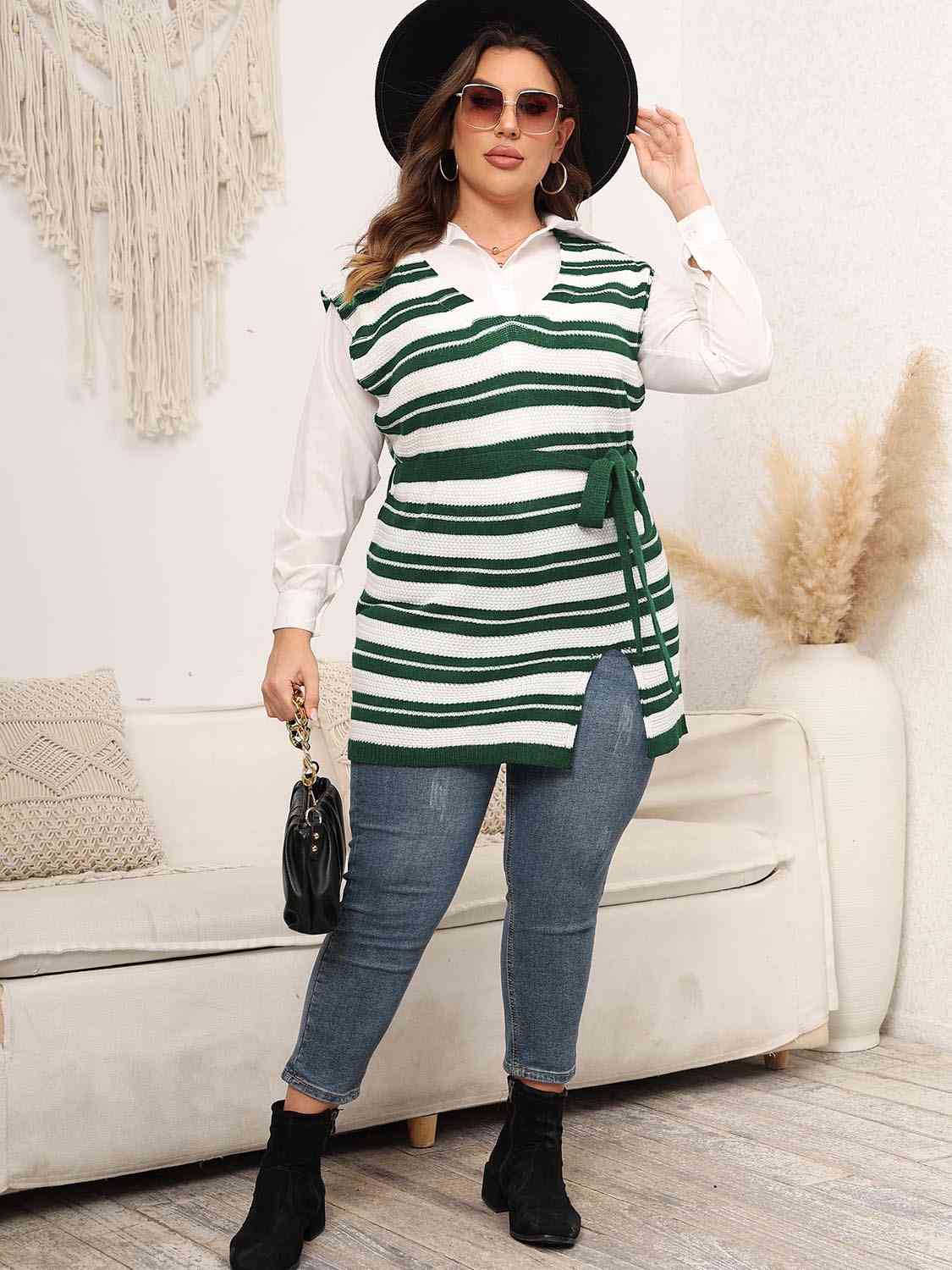 Striped Collared Neck Tied Front Sweater Vest - Rochelle's House LLC