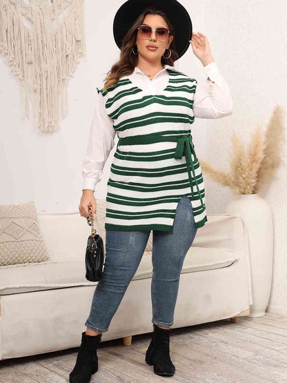 Striped Collared Neck Tied Front Sweater Vest - Rochelle's House LLC